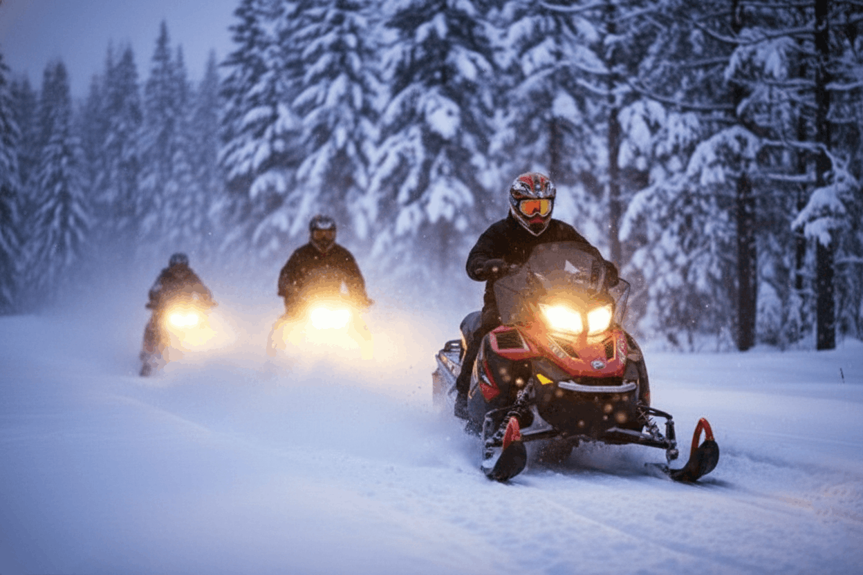 three snowmobiles on blue ox trail at night